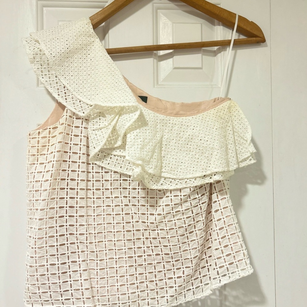 J. Crew White Eyelet One-Shoulder Blouse
